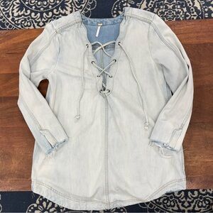 Free People Denim Lace-Up Tunic Top Size S Peasant Frayed